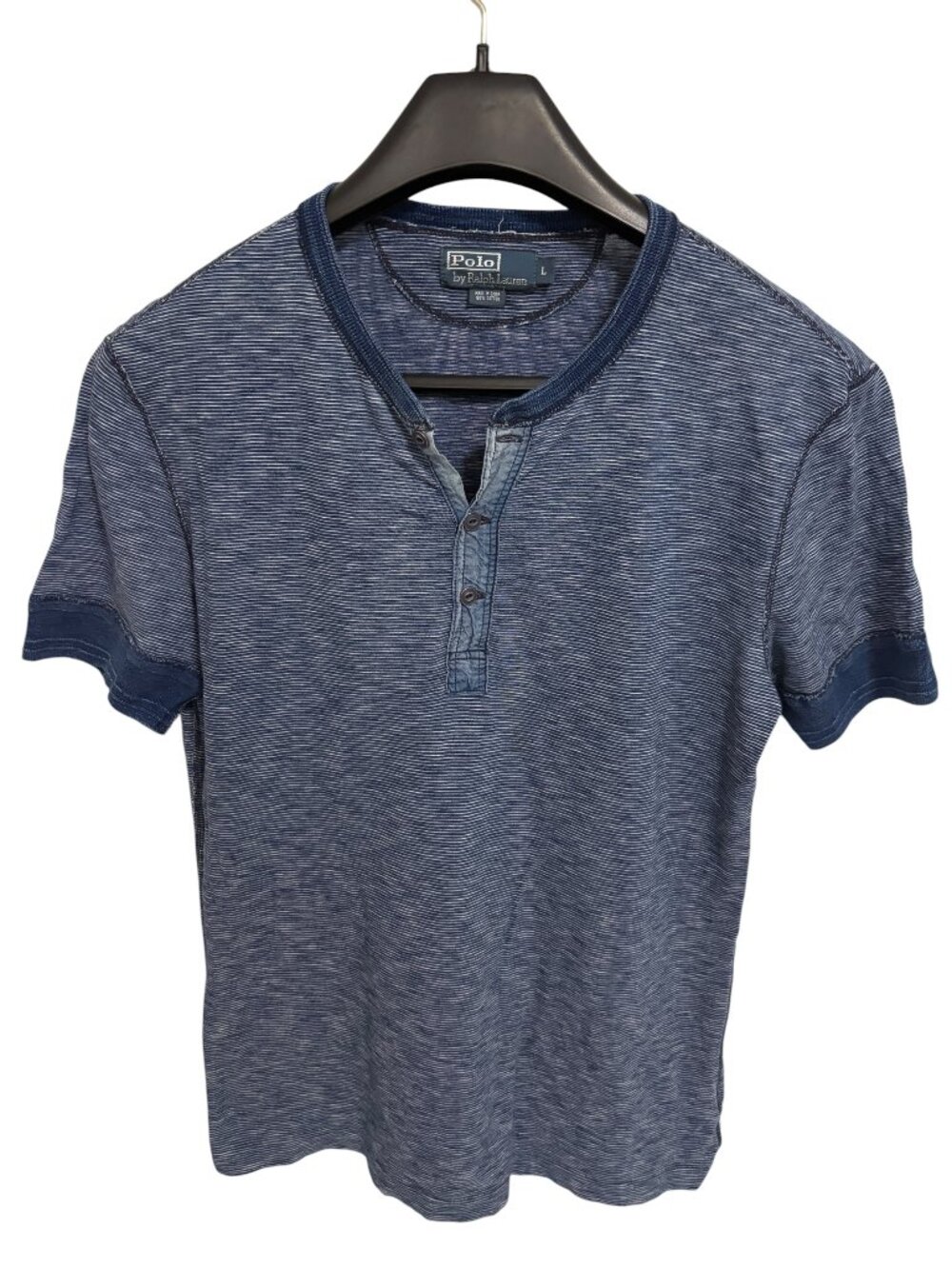POLO Ralph Lauren Blue Striped Henley Shirt Mens Size Large Contrast Collar Trim
